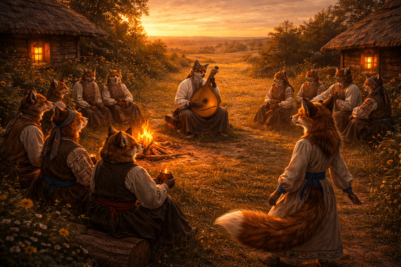 Evening bandura serenade in a Ukrainian village courtyard — duma as community ritual